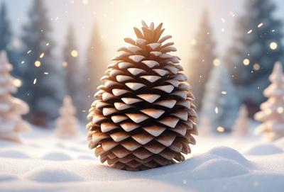 The primary subject of the image is a pinecone, which is the main object, scene, or focus of the image. The setting/background features a snowy environment, with a snow-covered ground and trees in the background. The visual style of the image is digital art, as it is a computer-generated or digitally created image. The colors and mood of the image are predominantly white and cold, as the snowy environment and pinecone are the main elements in the scene.